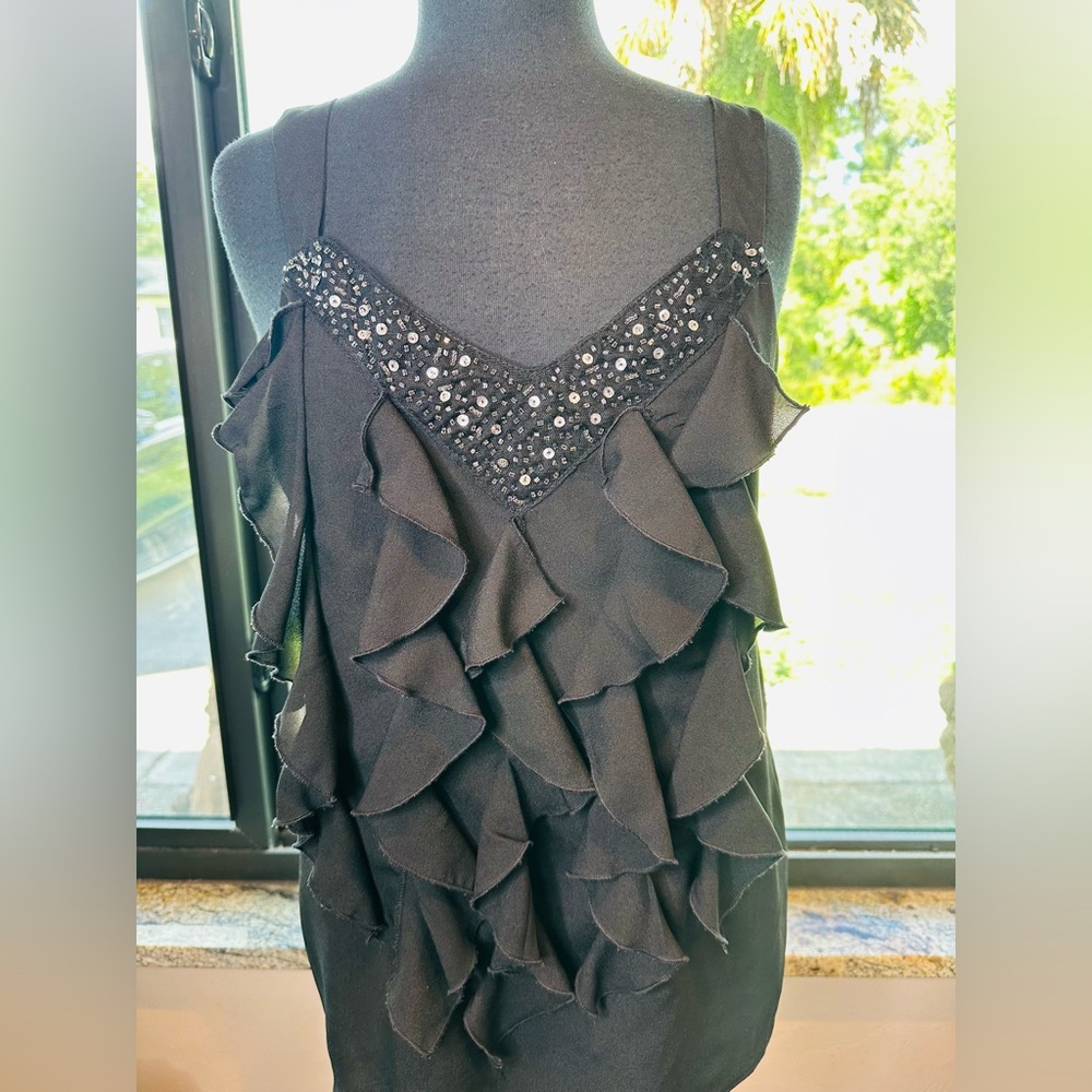 NY Collection Black Beaded Sleeveless Ruffle Blouse Size Large - Picture 2 of 8